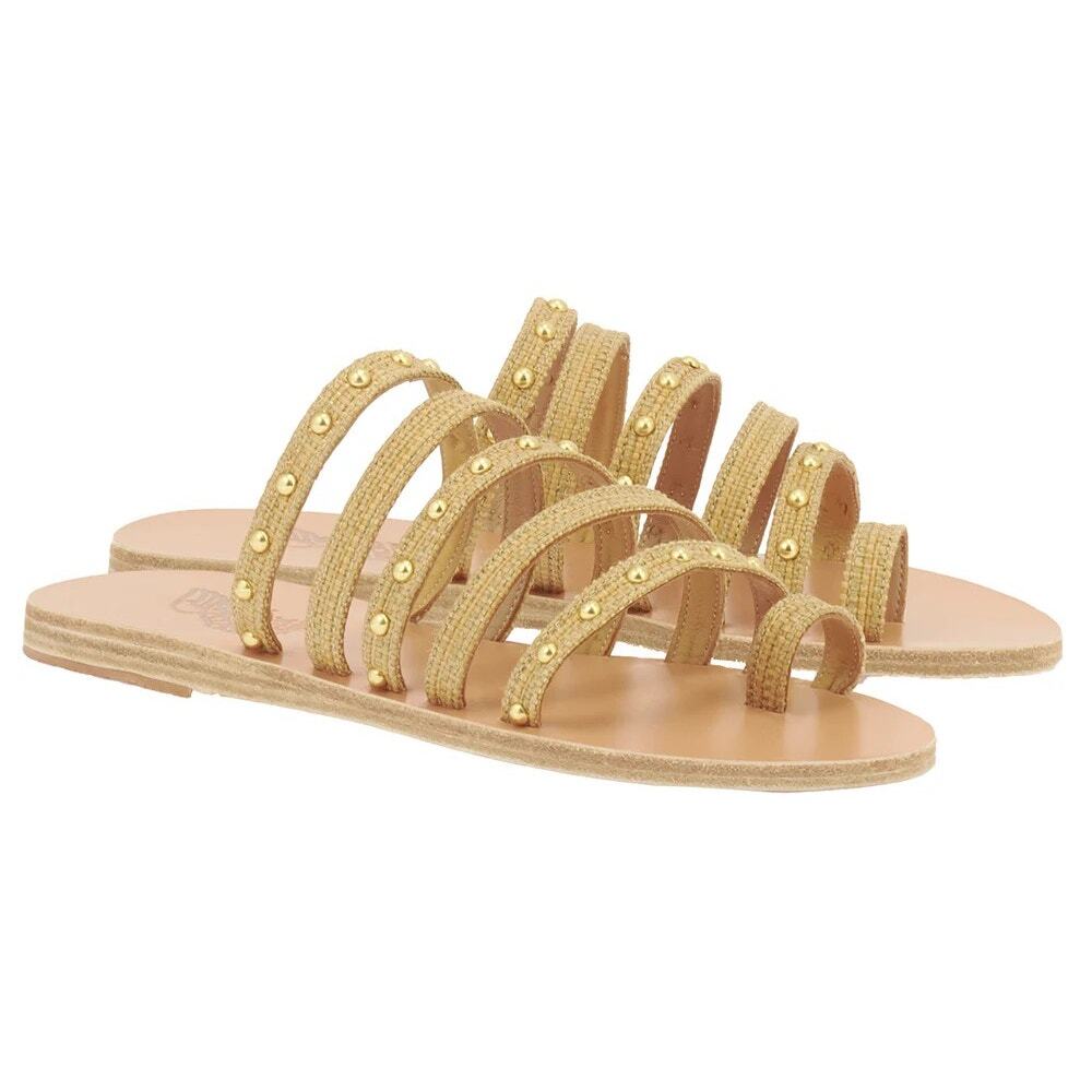 Ancient Greek Niki Raffia Studded Woven Strappy Slide Sandals Natural Size 36